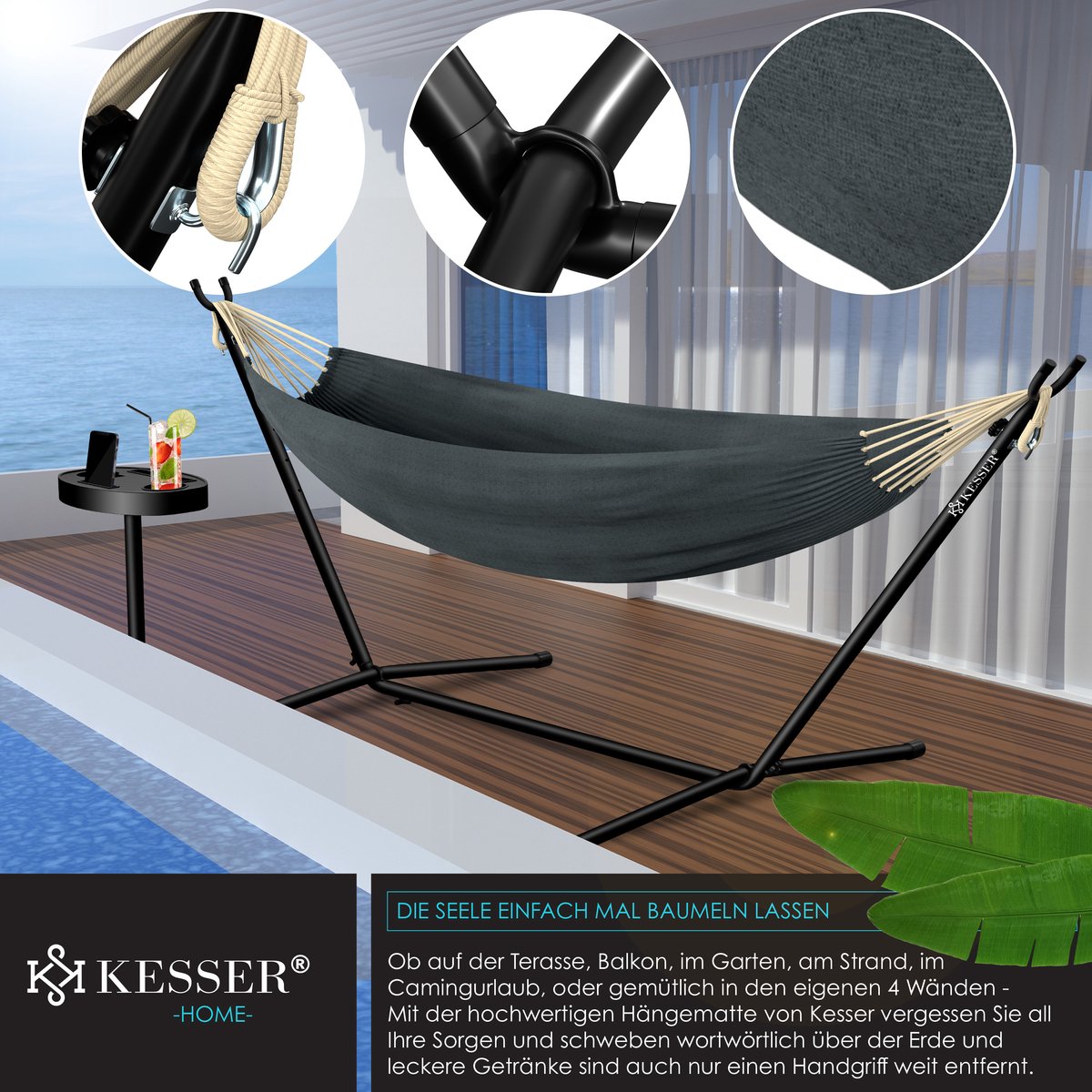 KESSER® Hangmat met Standaard en Kussen voor Binnen & Buiten XXL | Dubbele Hangmat HILL geschikt voor 2 Personen met metalen Frame | Hangstoel Draagvermogen tot 200 kg Tuin Balkon Terras, Beige