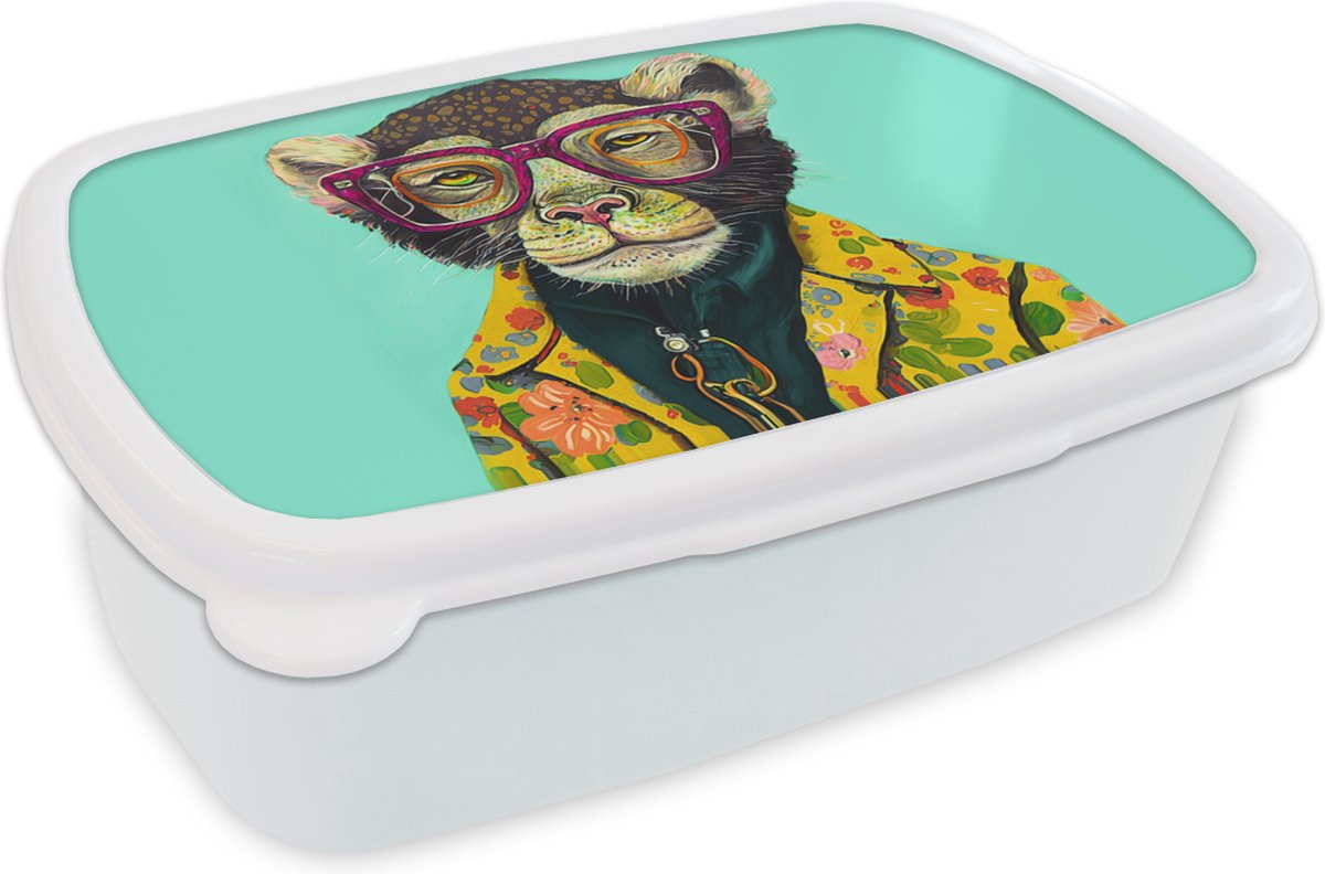 Broodtrommel Wit - Lunchbox - Brooddoos - Design - Roze - Bril - Aap - Dieren - 18x12x6 cm - Volwassenen
