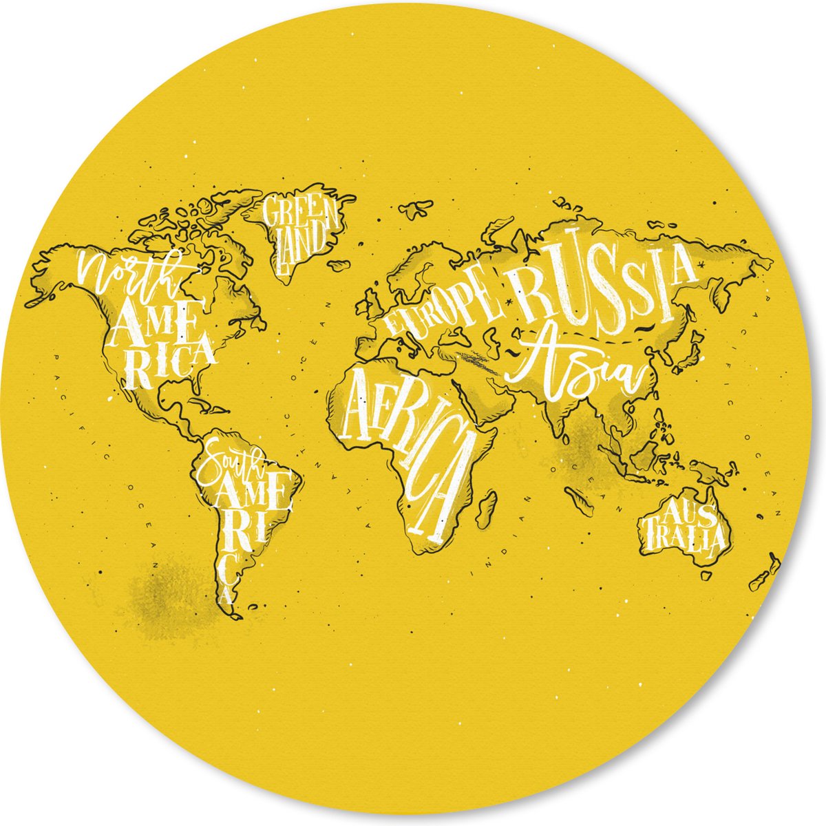 Muismat rond 40x40 cm - Mousepad Wereldkaart - Geel - Wit - Letters - Ronde muismatten