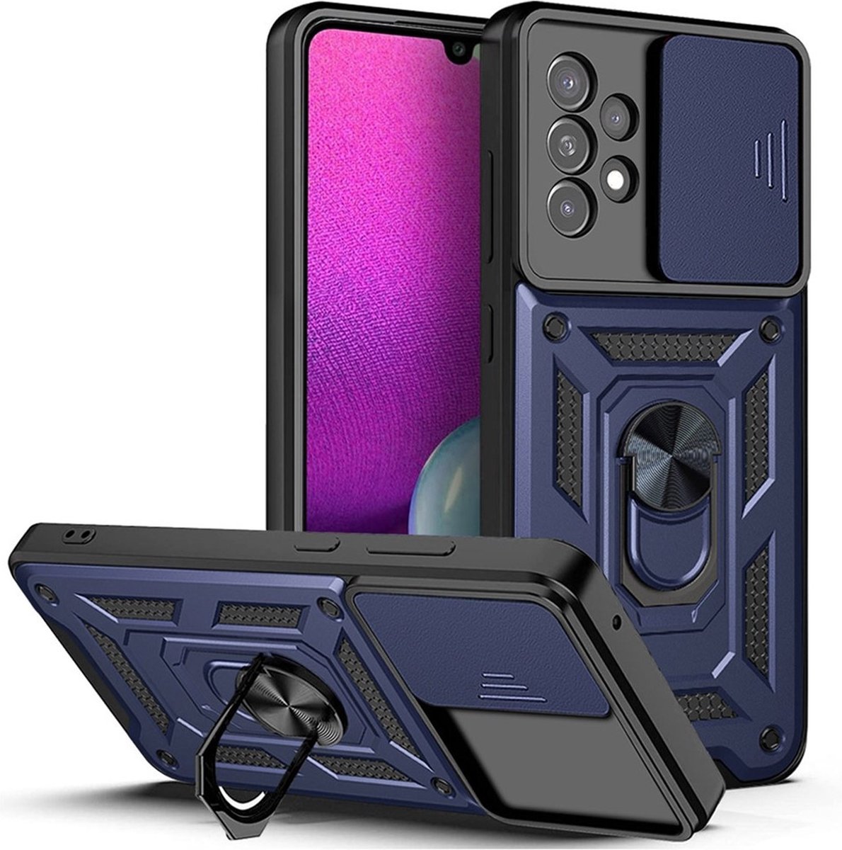 Coverup Hoesje - Geschikt voor Samsung Galaxy A33 Hoesje - Coverup Armor Ring Kickstand Back Cover met Camera Shield - Blauw