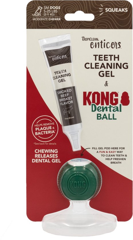 Verpakking van TropiClean Enticers Teeth Cleaning Gel & KONG Dental Ball, gerookte rundvlees brisket smaak, voor kleine honden.