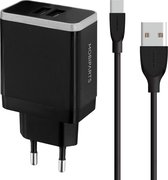 Mobiparts Universele Oplader - 12W/2.A - Smart IC - 2 USB aansluitingen - Geschikt voor o.a. Apple en Samsung + USB-C Kabel - Zwart