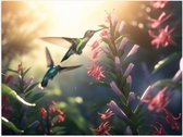Poster Glanzend – Kolibries Vliegend bij Roze Plantgjes - 80x60 cm Foto op Posterpapier met Glanzende Afwerking