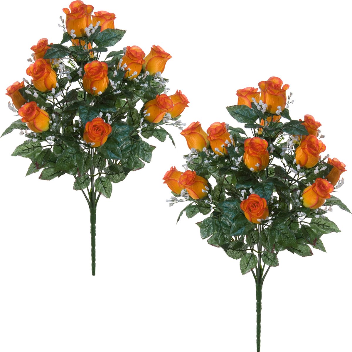 Louis Maes Kunstbloemen boeket rozen/gipskruid - 2x - oranje - H56 cm - Bloemstuk - Bladgroen