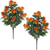 Louis Maes Kunstbloemen boeket rozen/gipskruid - 2x - oranje - H56 cm - Bloemstuk - Bladgroen