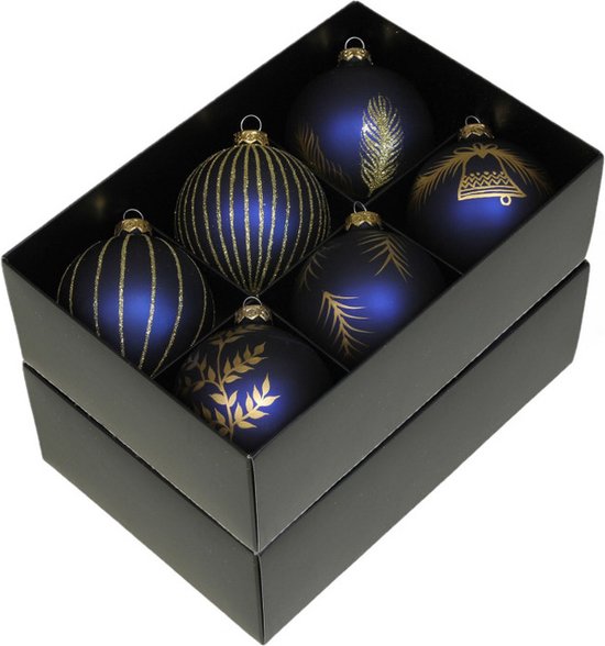 Othmar Decorations gedecoreerde kerstballen - 12x -donkerblauw -glas 8cm