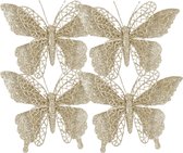 House of Seasons kerstboomversiering vlinders op clip - 4x st - champagne - 16 cm