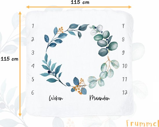 Frummel Mijlpaaldeken ‘Leaves’ - Milestone deken - Mijlpaal baby - Kraamcadeau Jongen - Kraamcadeau Meisje - Baby Shower Cadeau - Baby Cadeau - Mijlpaaldeken in het Nederlands - Moederdag cadeau - 115 x 115 cm van Frummel — afbeelding 3