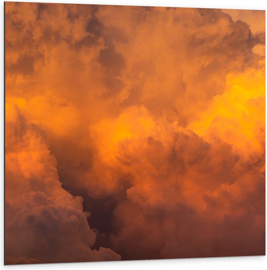 Dibond - Oranje Gloed van Zon over de Wolken - 100x100 cm Foto op Aluminium (Met Ophangsysteem)