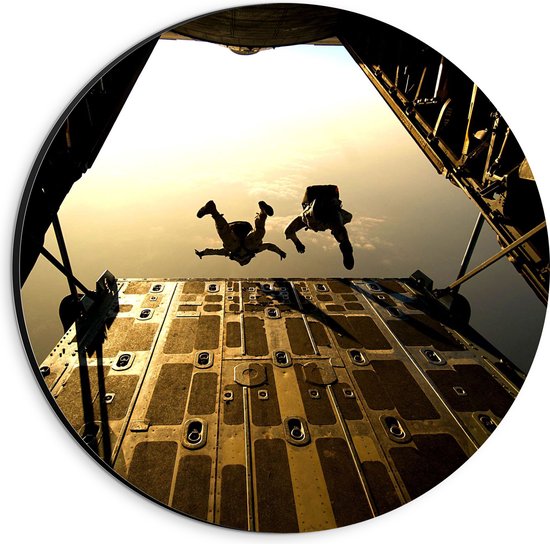 Dibond Muurcirkel - Skydivers van Platform in Vliegtuig - 20x20 cm Foto op Aluminium Muurcirkel (met ophangsysteem)