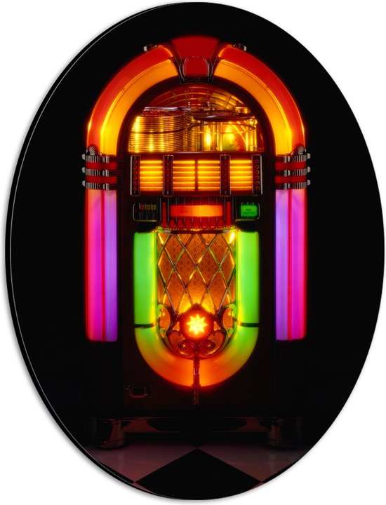 Dibond Ovaal - Draaiende Jukebox in Ruimte met Zwarte en Witte Tegels - 21x28 cm Foto op Ovaal (Met Ophangsysteem)