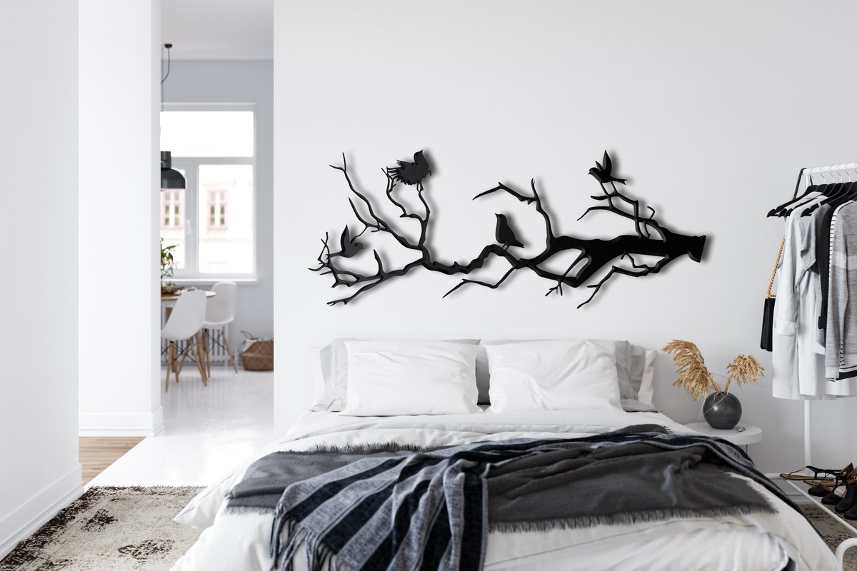 DUOOLN Metalen vogel muurkunst - levendige vogels op tak wanddecoratie, bladeren met vogels sculptuur, vogel silhouet metalen ornament zwarte tak muur opknoping bord voor thuis balkon tuin decor