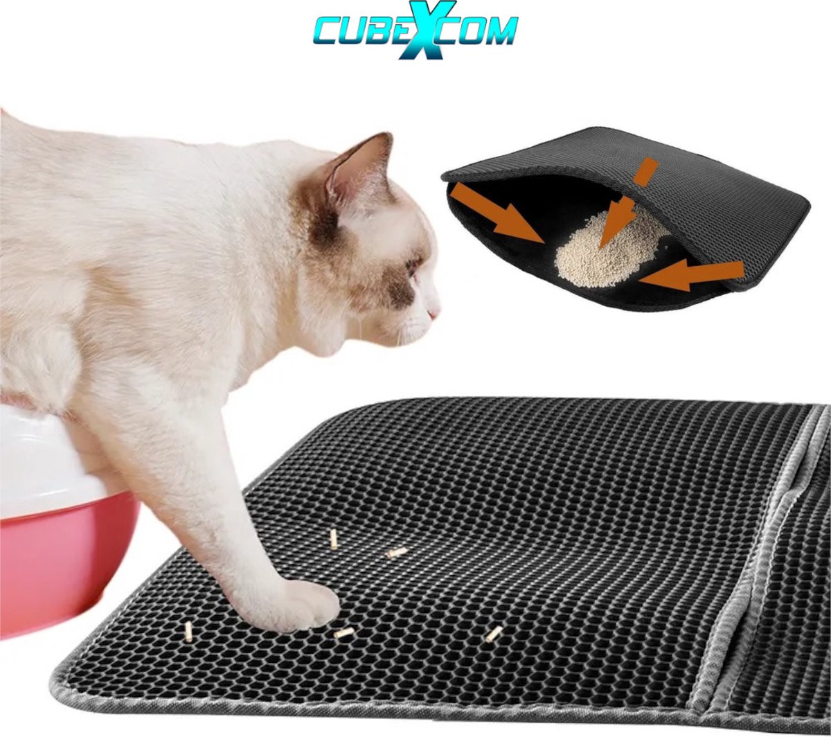 CUBEXCOM® Kattenbakmat, 58 x 33 cm, Kattenbakmat Grit Opvanger, Kattenbakonderlegger, LEREN ZOOL, Dubbellaags, Urine En Waterdicht EVA-Materiaal, Kattenpootdesign, Beschermt Vloer En Tapijt, Gemakkelijk Te Reinigen, Grijs