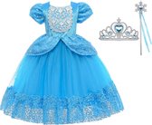 Het Betere Merk - Prinsessenjurk meisje - Blauw - Verkleedjurk meisje- maat 92/98 (100) + Kroon - Toverstaf - Blauw - Verjaardag - Kleed - Cadeau Meisje - Speelgoed meisje