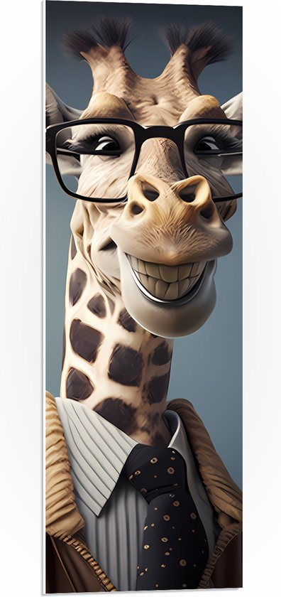 PVC Schuimplaat - Lachende Giraffe met Bril in Nette Blouse - 30x90 cm Foto op PVC Schuimplaat (Met Ophangsysteem)