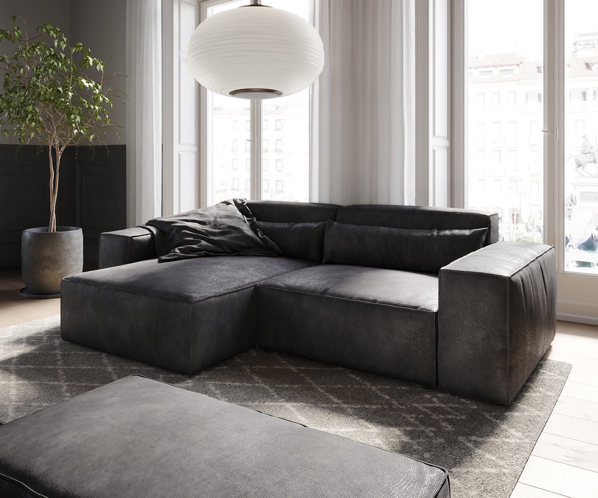 DELIFE Hoekbank Sirpio 230x155 cm kunstleder vintage antraciet variabele rugleuning met kruk Grijs