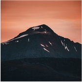 Poster Glanzend – Bergen - Bomen - Sneeuw - Oranje - Bergtop - 80x80 cm Foto op Posterpapier met Glanzende Afwerking