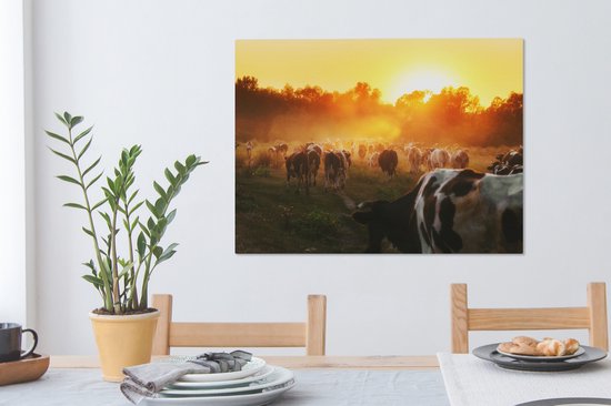 Tableau toile vache - Vache - Animaux - Nature - Coucher de soleil - Arbres - 80x60 cm - Toile - Décoration murale