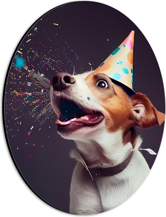 Dibond Ovaal - Jarige Hond met Feesthoed en Confetti - 21x28 cm Foto op Ovaal (Met Ophangsysteem)