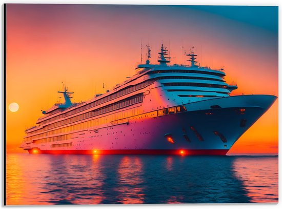Dibond - Enorm Cruiseschip Varend over het Water tijdens Zonsondergang - 40x30 cm Foto op Aluminium (Met Ophangsysteem)