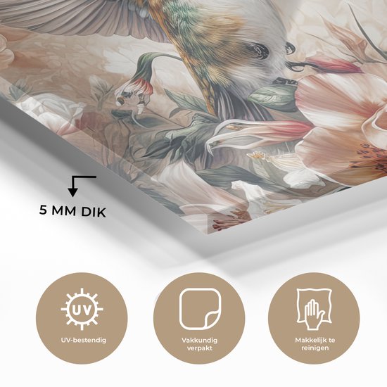 MuchoWow® Peinture sur verre 90x60 cm - Peinture sur verre - Colibri - Vogels - Fleurs - Nature - Photo sur verre acrylique - Peintures