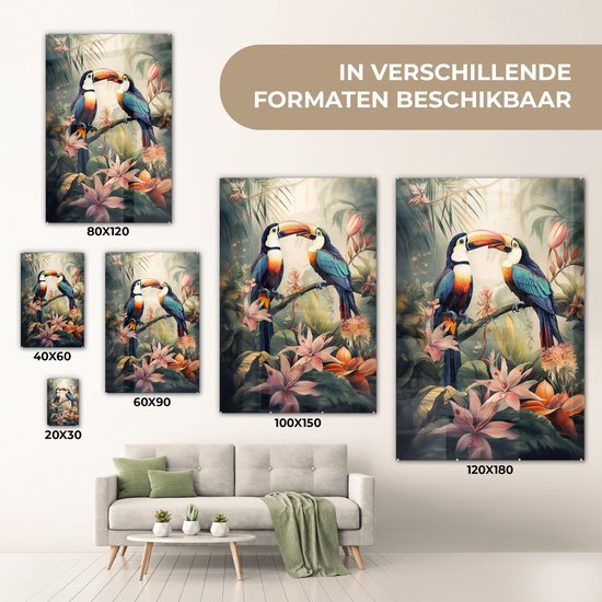 MuchoWow® Peinture sur verre - Toucan - Vogels - Fleurs - Nature - Jungle - 80x120 cm - Peintures sur verre acrylique - Photo sur Glas