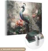 MuchoWow® Glasschilderij 80x60 cm - Schilderij acrylglas - Pauw - Pauwenveren - Vogel - Jungle - Bloemen - Foto op glas - Schilderijen