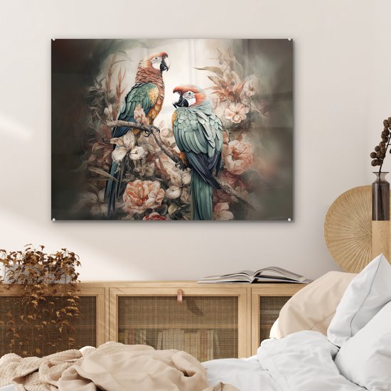 MuchoWow® Peinture sur verre 80x60 cm - Peinture sur verre acrylique - Perroquets - Vogels - Nature - Fleurs - Photo sur verre - Décoration murale salon - Décoration murale chambre - Peintures