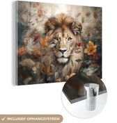 MuchoWow® Glasschilderij 120x90 cm - Schilderij acrylglas - Leeuw - Wilde dieren - Planten - Natuur - Bloemen - Foto op glas - Schilderijen