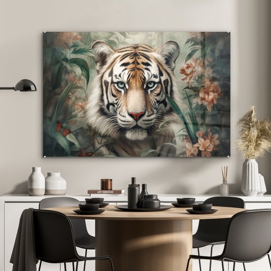 Glasschilderij - Tijger - Bloemen - Blinder - Dieren - Natuur - Glasplaat - Foto op glas - Glasschilderijen woonkamer - Schilderij op glas - 120x80 cm - Muurdecoratie - Wanddecoratie - Slaapkamer - Kamer decoratie