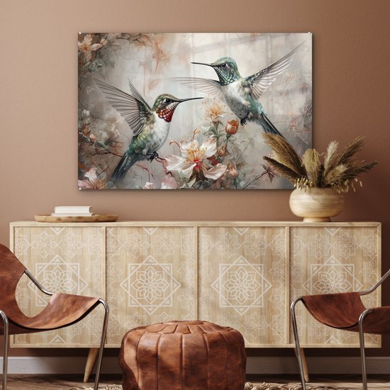 MuchoWow® Glasschilderij 120x80 cm - Schilderij acrylglas - Kolibrie - Vogels - Bloemen - Planten - Foto op glas - Muurdecoratie woonkamer - Wanddecoratie slaapkamer - Schilderijen