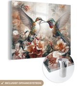 MuchoWow® Glasschilderij 80x60 cm - Schilderij acrylglas - Kolibrie - Vogels - Bloemen - Natuur - Foto op glas - Schilderijen
