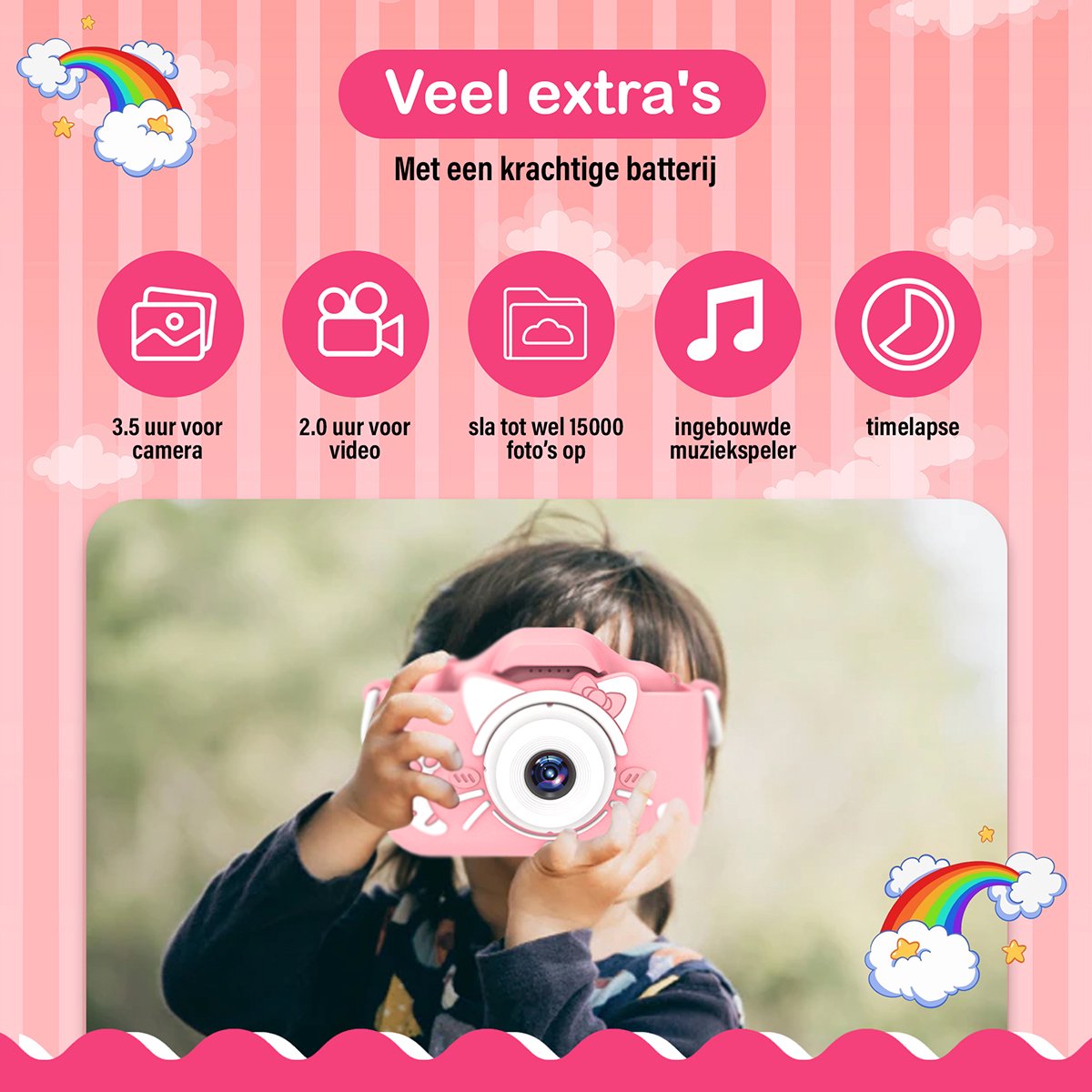 Ilona® Digitale Kindercamera HD 1080p inclusief stickervel - Speelgoedcamera - 32GB micro sd kaart - Fototoestel Voor Kinderen - Selfie Camera - Roze — afbeelding 3