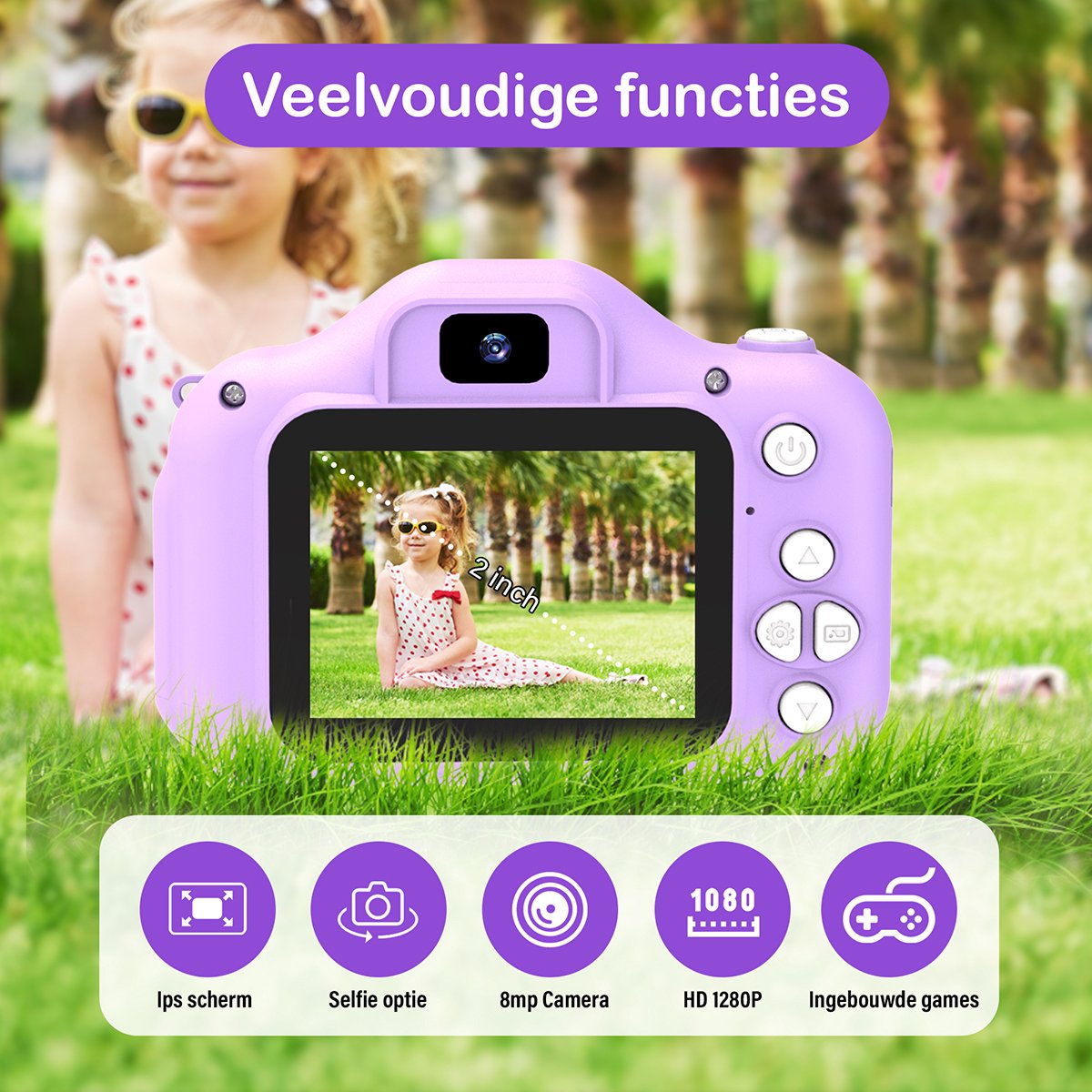 Ilona® Digitale Kindercamera HD 1080p inclusief stickervel - Speelgoedcamera - 32GB micro sd kaart - Fototoestel Voor Kinderen - Selfie Camera - Paars — afbeelding 2