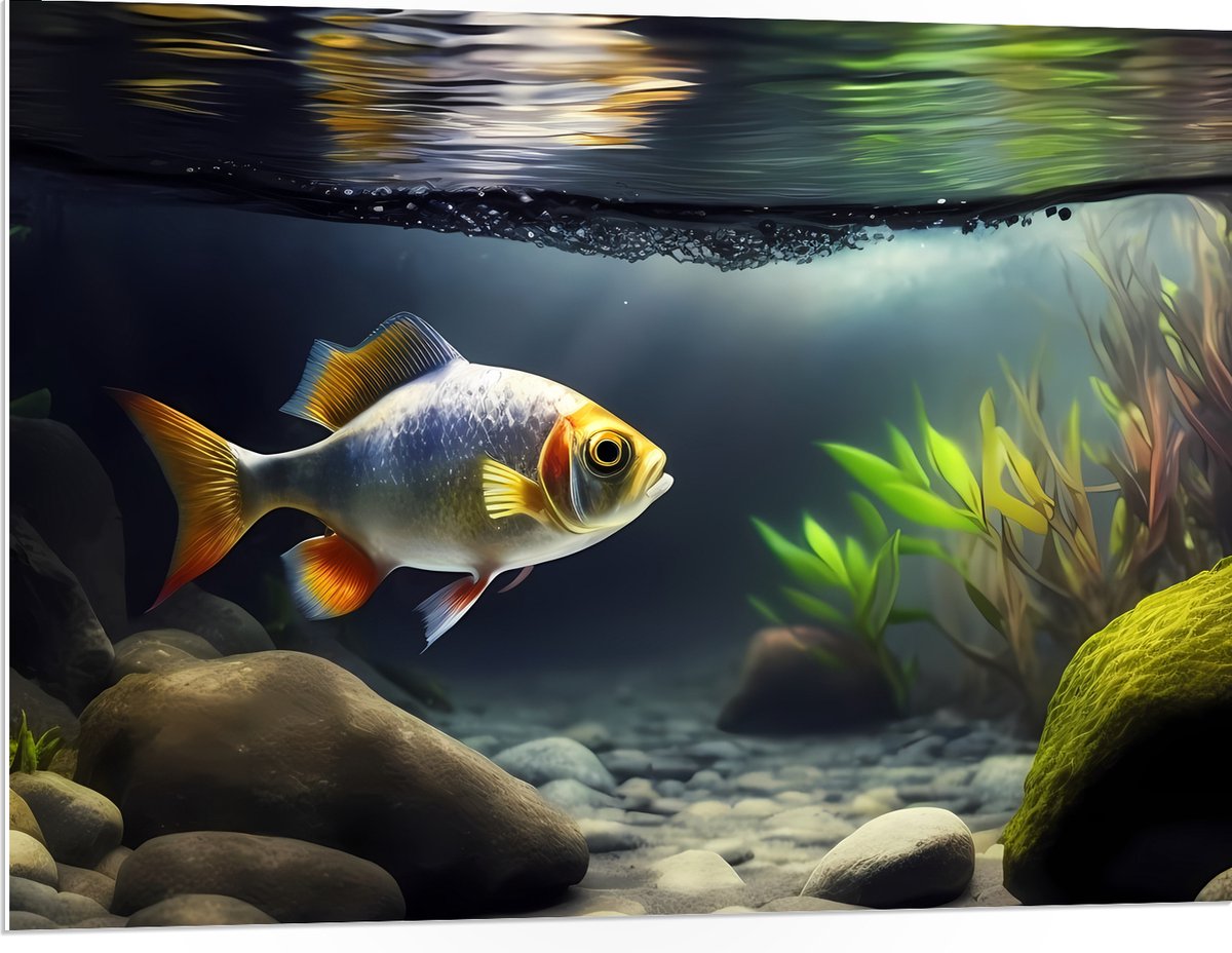 PVC Schuimplaat - Zilver met Oranjekleurige Vis Zwemmend in Aquarium - 100x75 cm Foto op PVC Schuimplaat (Met Ophangsysteem)