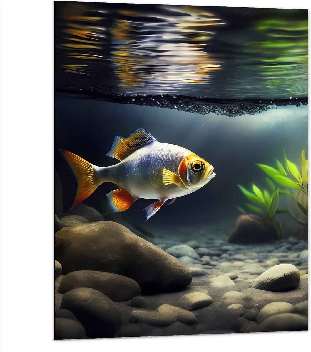 Dibond - Zilver met Oranjekleurige Vis Zwemmend in Aquarium - 75x100 cm Foto op Aluminium (Met Ophangsysteem)