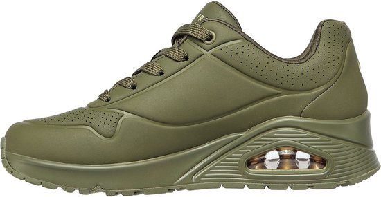 Donkergroene Skechers Uno sneaker met veters, perforaties en luchtdemping in de zool.
