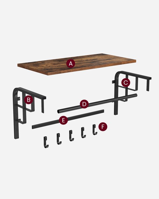Onderdelen van een wandkapstok: houten plank (A), steunen (B, C), kledingstang (D, E) en zes haken (F).