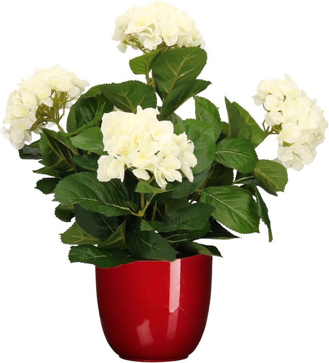 Mica Decorations Hortensia kunstplant/kunstbloemen 45 cm - wit - in pot rood glans - Kunst kamerplant Donkerrood