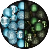 Decoris kleine kerstballen - 28x st - donkergroen en ijsblauw - 3 cm - kunststof