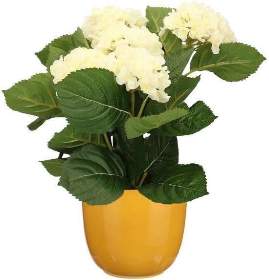 Hortensia kunstplant/kunstbloemen 36 cm - wit - in pot okergeel glans - Kunst kamerplant