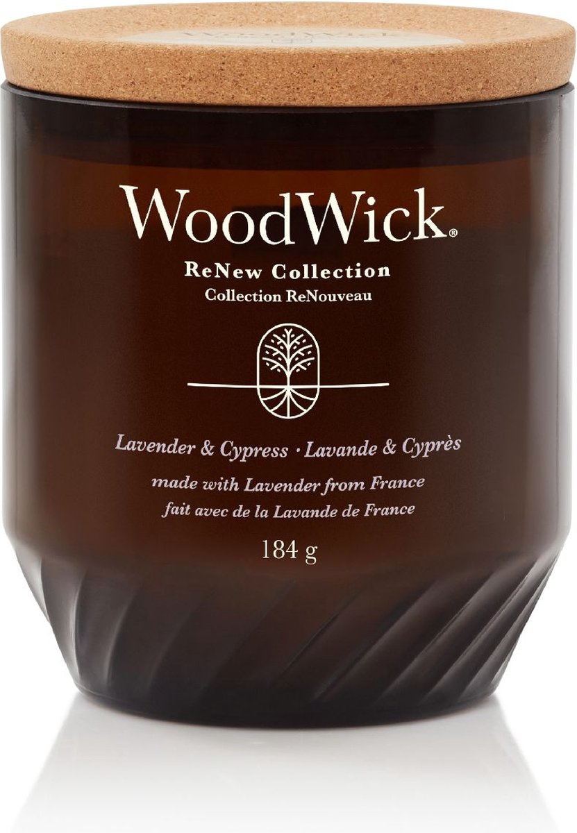 WoodWick ReNew Medium Geurkaars - Lavender & Cypress - 55 branduren Bruin