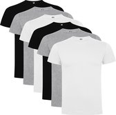 6 Pack Roly Dogo Premium Heren T-Shirt 100% katoen Ronde hals Zwart, Lichtgrijs gemeleerd, Wit Maat XXL