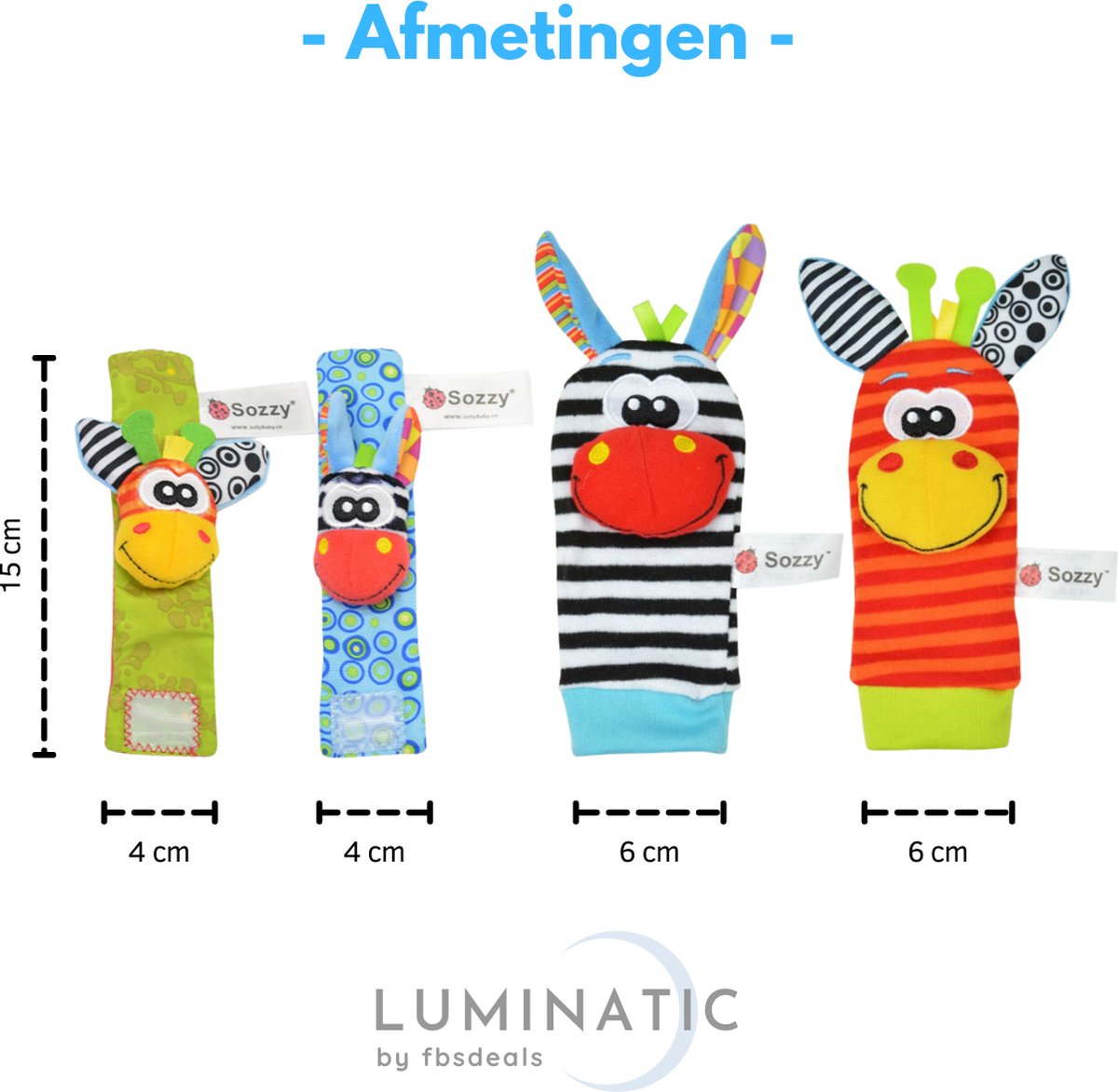 Baby Rammelaar - Rammelaar Sokjes en Armbandjes - Pols en Voetrammelaar - Speel en Voetzoeker Sokken - Baby Sokjes - Pluche Knuffels - Rammelaar - Belletjes | Luminatic® | Zebra & Giraffe 3 | 1 Set, 4 Stuks — afbeelding 6