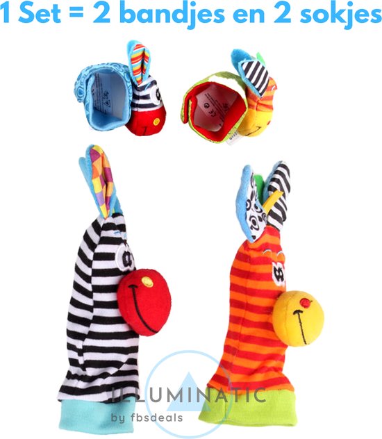 Baby Rammelaar - Rammelaar Sokjes en Armbandjes - Pols en Voetrammelaar - Speel en Voetzoeker Sokken - Baby Sokjes - Pluche Knuffels - Rammelaar - Belletjes - Illuminatic® - Zebra & Giraffe 2 - 1 Set, 4 Stuks van Illuminatic® — afbeelding 2