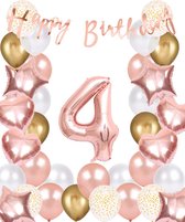 Snoes Ballonnen 4 Jaar Rose Gold White Dots - Compleet Feestpakket met cijfer ballon 4 Jaar - Verjaardag Versiering Slinger Happy Birthday – Folieballon – Latex Ballonnen - Helium Ballonnen - Rose Feestpakket