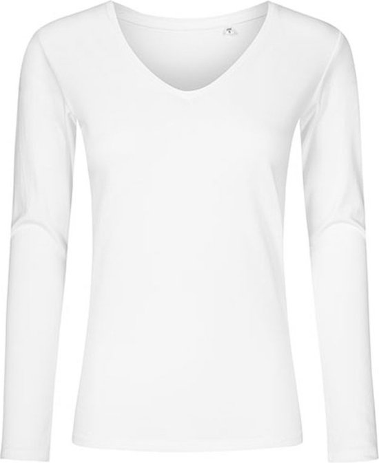 Women's V-hals T-shirt met lange mouwen White - XS