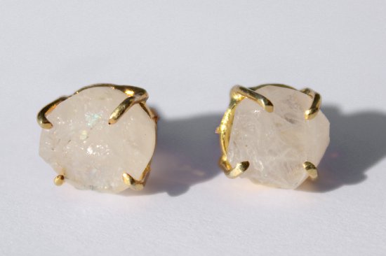 Bixorp Gems Moonstone Chakra Boucles d'oreilles - Goujons de pierres précieuses brutes - Or Goud or 18 carats et acier inoxydable - Chakra sacré