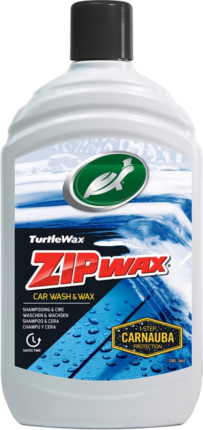 Fles Turtle Wax Zip Wax Auto Wash & Wax, met afbeelding van waterdruppels op een auto.