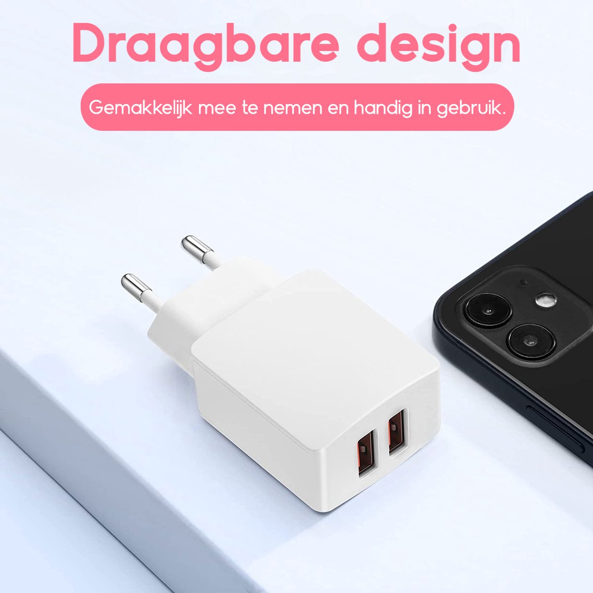USB-oplader, 2 stuks, 4 poorten, meervoudige stekker, laadadapter, compatibel met mobiele telefoon iPhone 11/11 Pro/X/8 Plus, Samsung Galaxy S9 S8, Huawei, Bluetooth hoofdtelefoon, wit